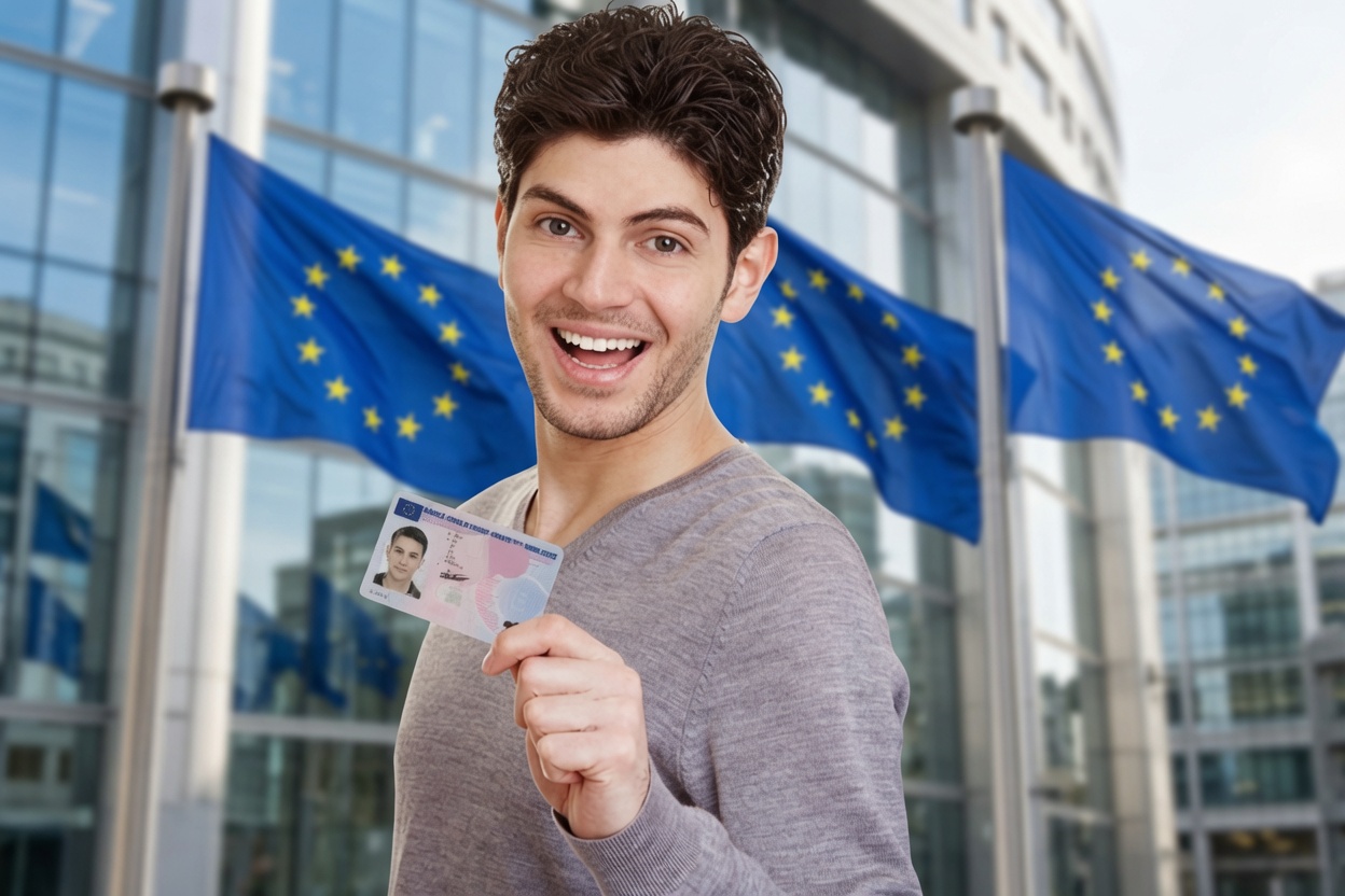 Homme souriant tenant son permis de conduire européen – Permis Express EU